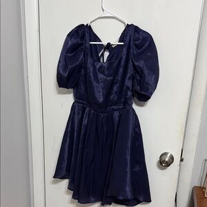 Altar'd State Navy Puff Sleeve Satin Mini Dress